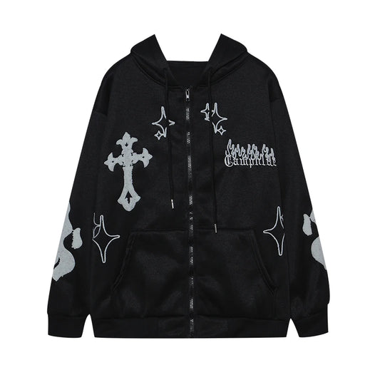 Hoodie With Cross And Flame Embroidery