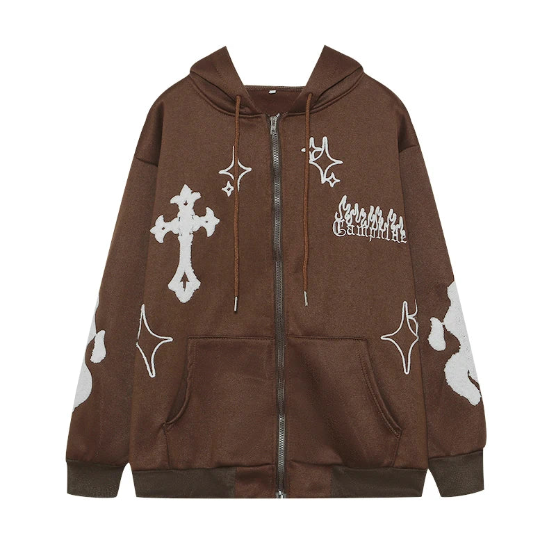 Hoodie With Cross And Flame Embroidery