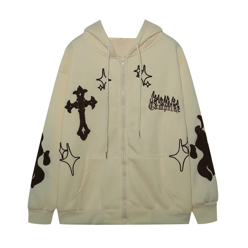 Hoodie With Cross And Flame Embroidery